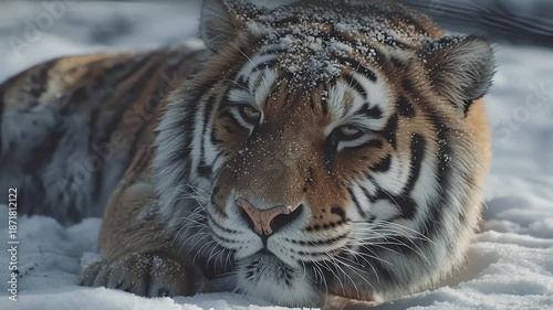 Peaceful Saber tooth tiger resting in fresh snow during winter day
