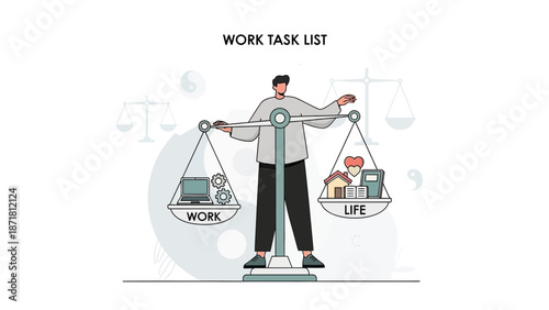 Work Life Balance Concept: Man Balancing Scales of Career and Personal Life