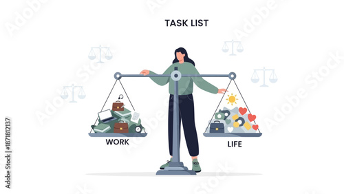 Work Life Balance Scale Vector Illustration. Woman Balancing Tasks, Career vs Personal Time.