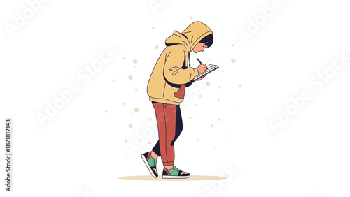 Young artist in hoodie sketching on notepad, creative process, inspiration, modern lifestyle