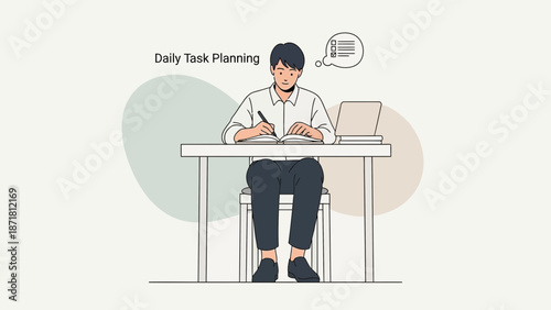 Young man making daily task planning at his desk with laptop and notebook.
