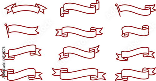 Red outline ribbon banner set, hand drawn scroll labels collection, decorative empty badges, clean vector illustration