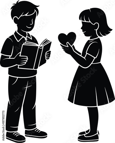 Cute children love silhouette illustration showing little boy reading book and girl holding heart, sweet friendship and innocent Valentine moment isolated on white background
