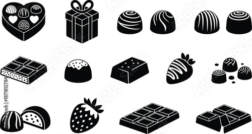 Photos Chocolate sweets silhouette icon set featuring heart chocolate box, gift packagi