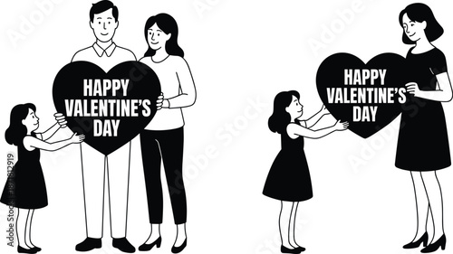 Happy Valentine’s Day family illustration showing parents and daughter holding heart sign together, loving family bond, cute black and white characters isolated on white background
