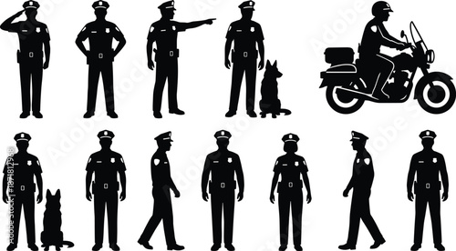 Police officer silhouettes set, law enforcement poses, patrol dog, motorcycle cop, uniformed security figures, isolated black vector icons