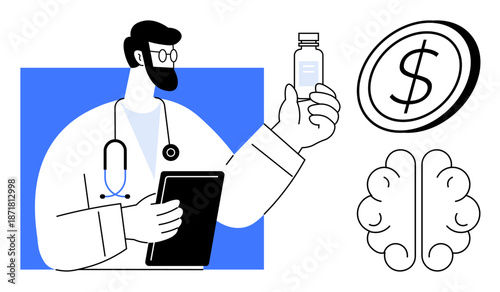 Healthcare, mental health, prescription medications, medical costs, telemedicine, pharmaceutical industry. Doctor holding pill bottle and tablet near brain and dollar symbol. Healthcare and mental