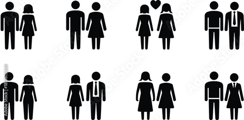 People couple pictogram icons set showing male female and same gender relationships in simple black silhouette restroom style vector design