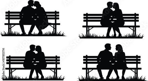 Romantic couple sitting on park bench silhouette set with loving moments dating relationship valentine themed black vector illustration