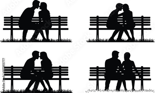 Romantic couples sitting and kissing on park bench silhouette collection showing love relationship dating moments valentine themed black vector set