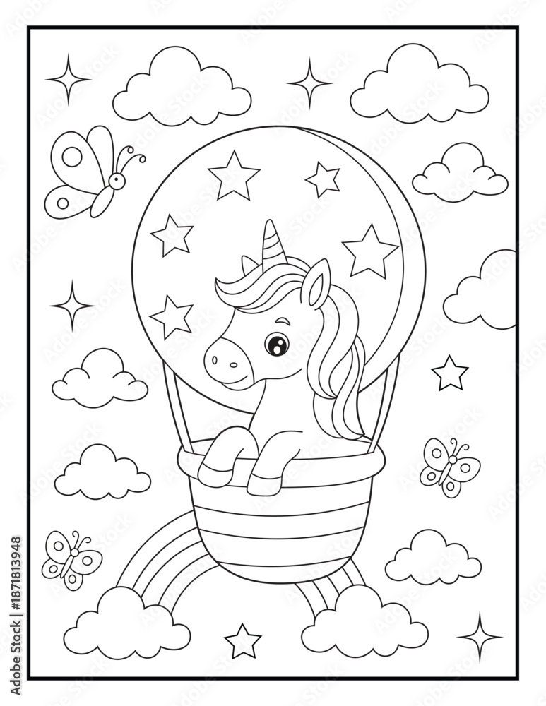 Fototapeta premium Unicorn Coloring Page for Kids, Baby Unicorn in Hot Air Balloon with Stars and Clouds