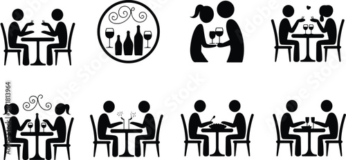 Romantic dinner date silhouette icon set showing couples dining, drinking wine and celebrating love moments, elegant black restaurant scenes isolated on white background
