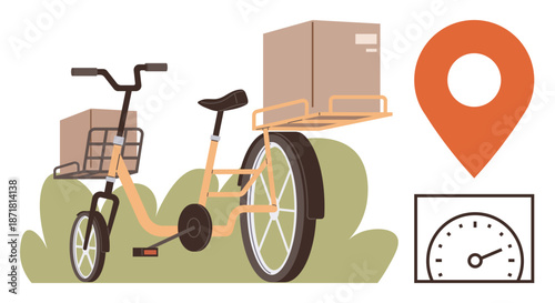 Package delivery, sustainability, urban transport, e-commerce logistics, time efficiency, local business. Cargo bike with boxes, location pin and speedometer. Delivery and sustainability