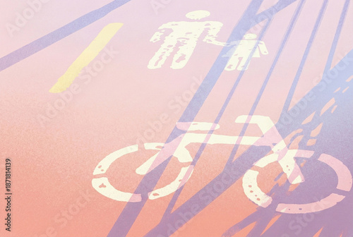 Φωτογραφία Stylized urban street signs showing a parent and child walking next to a bicycle lane symbol, emphasizing safety and family travel