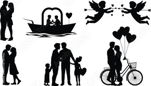 Romantic love couple silhouettes set with family boat cupid angels balloons bicycle and heart themed valentine black vector collection