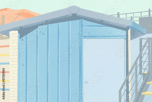 Minimalist illustration of a light blue beach hut with pastel colors. Clean architectural lines in a modern graphic style.