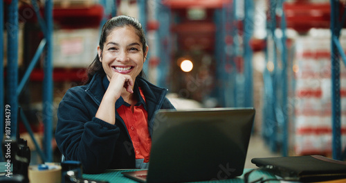 Obraz na płótnie Shipping, laptop and portrait with woman in warehouse for quality assurance, cargo and logistics