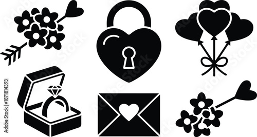 Romantic love silhouette icon set featuring flowers, heart lock, balloons, engagement ring and love letter symbols, elegant black icons isolated on white background