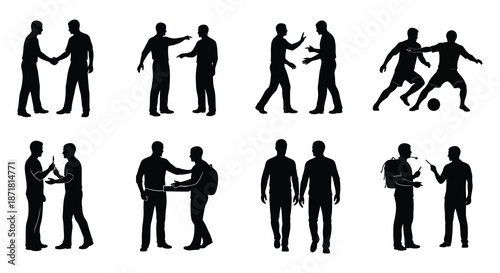 Silhouettes of people interacting handshakes discussions and sporting activities