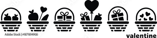 Valentine gift basket silhouette icon set featuring hearts, presents, flowers and romantic surprises, minimal black love symbols perfect for Valentine’s Day designs