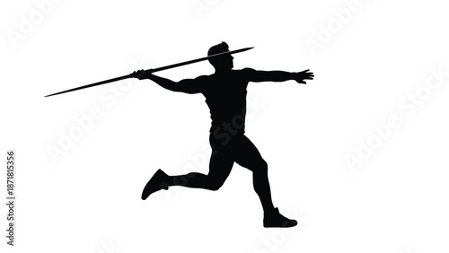 A black silhouette of a male athlete in motion throwing a javelin with running on white background