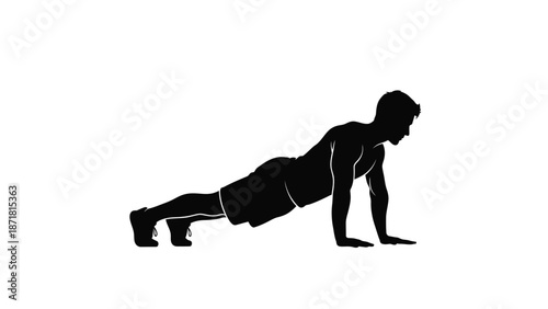 Man doing push up exercise in black silhouette with fitness and workout on white background