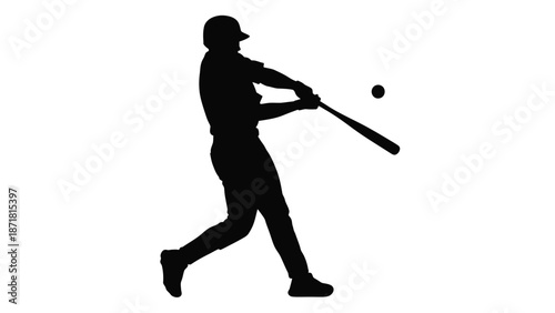 A baseball player swings a bat at an incoming ball in mid action with silhouette on white background