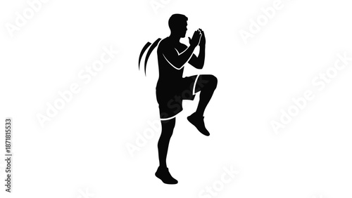Black silhouette of a man in a dynamic kickboxing stance with fitness and martial arts on white background