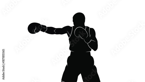 A black silhouette of a muscular boxer wearing gloves punches forward with fighter on white background