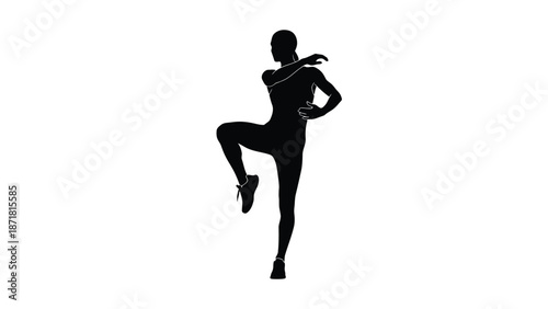 Silhouette of a woman in a dynamic dance pose with one leg raised with fitness on white background