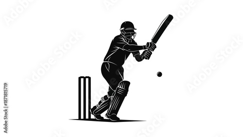 Cricket player in action swinging bat hitting ball with sports and game on white background