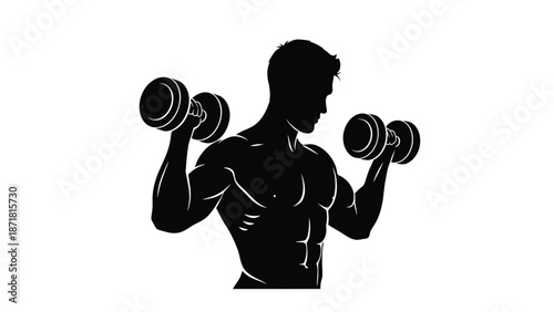 Man lifting dumbbells in a gym workout routine with fitness and exercise on white background