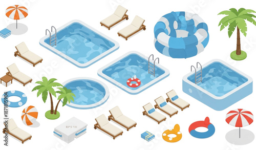 Isometric outdoor pool and hotel resort summer vector icons set