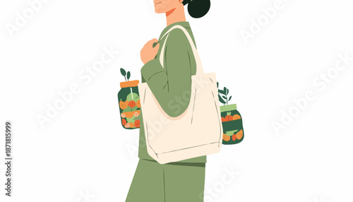 Zero-waste grocery icons with jars, tote bag and reusable containers