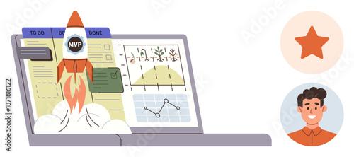 Startup growth, entrepreneurship, project management, innovation, success, business development. Rocket launching with analytics on a laptop. Startup growth and entrepreneurship