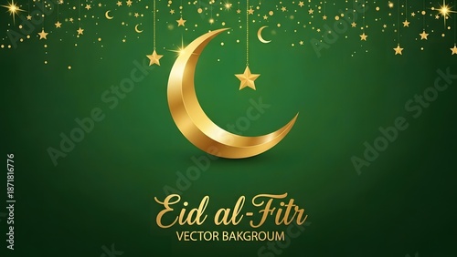 Golden crescent moon hanging with ornate lanterns celebrating ramadan or eid al fitr