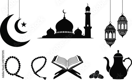 Ramadan kareem silhouette icons set for islamic holiday