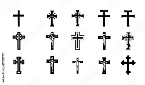 Christian cross pictogram icons vector set with crucifix religious symbols isolated on white