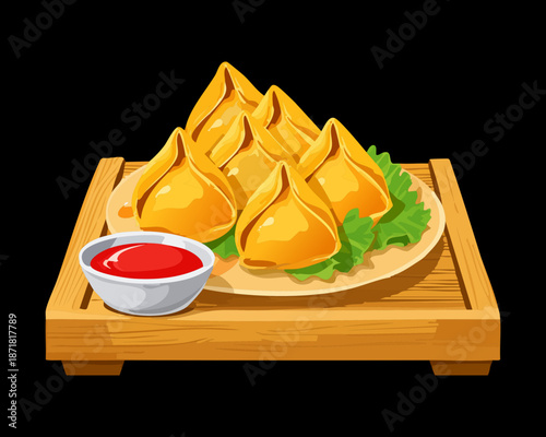 Platter of fried samosas with spicy red sauce served on a wooden board with greens - Vector Illustration