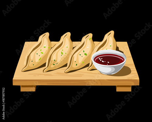 Plate of fried dumplings gyoza served on a wooden board with soy dipping sauce - Vector Illustration