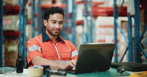 фотографія Laptop, cargo and typing with man in warehouse for delivery procurement, floor supervisor and logistics