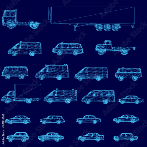 Blueprint wireframe set of cars and trucks arranged in a neat grid pattern on a solid blue background. Each vehicle features a distinct and unique design for automotive concepts.