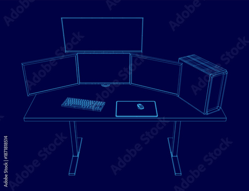 A dual monitor gaming setup with a keyboard, mouse, and CPU sits on a clean blue background in a wireframe style.