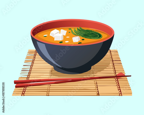 Bowl of clear broth soup with tofu and spinach served on a bamboo place mat - Vector Illustration