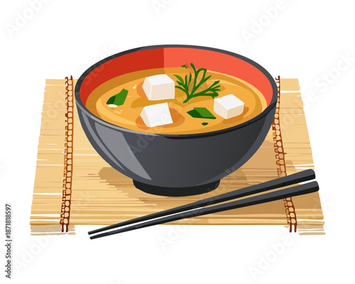 Traditional japanese miso soup with tofu cubes and seaweed served in a black and red bowl - Vector Illustration