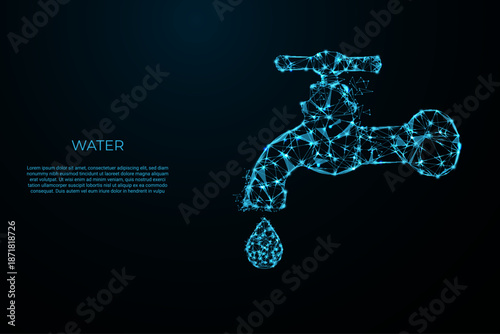 Abstract futuristic water tap with falling water drop created from glowing blue dots and connecting lines
