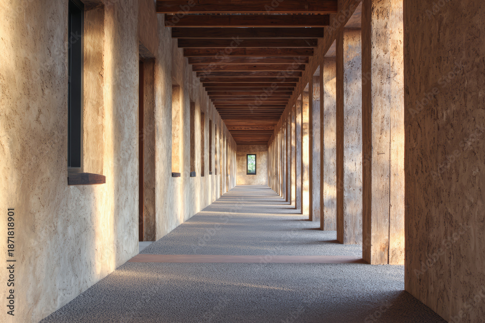 Fototapeta premium Long hallway with stone walls and wooden beams during late afternoon light