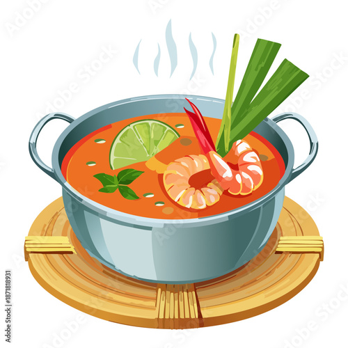 Traditional thai tom yum goong soup with big prawns and lime served in a silver bowl - Vector Illustration