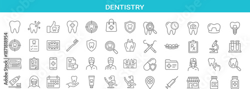 Dentistry line icons set featuring dental care, clinic tools, oral hygiene, dentist equipment, tooth treatment, healthcare services, vector outline collection for web, infographic design