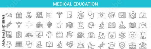 Medical education line icons set featuring healthcare training, science research, anatomy, laboratory, nursing, pharmacy, graduation, hospital learning symbols for e-learning platforms, infographics